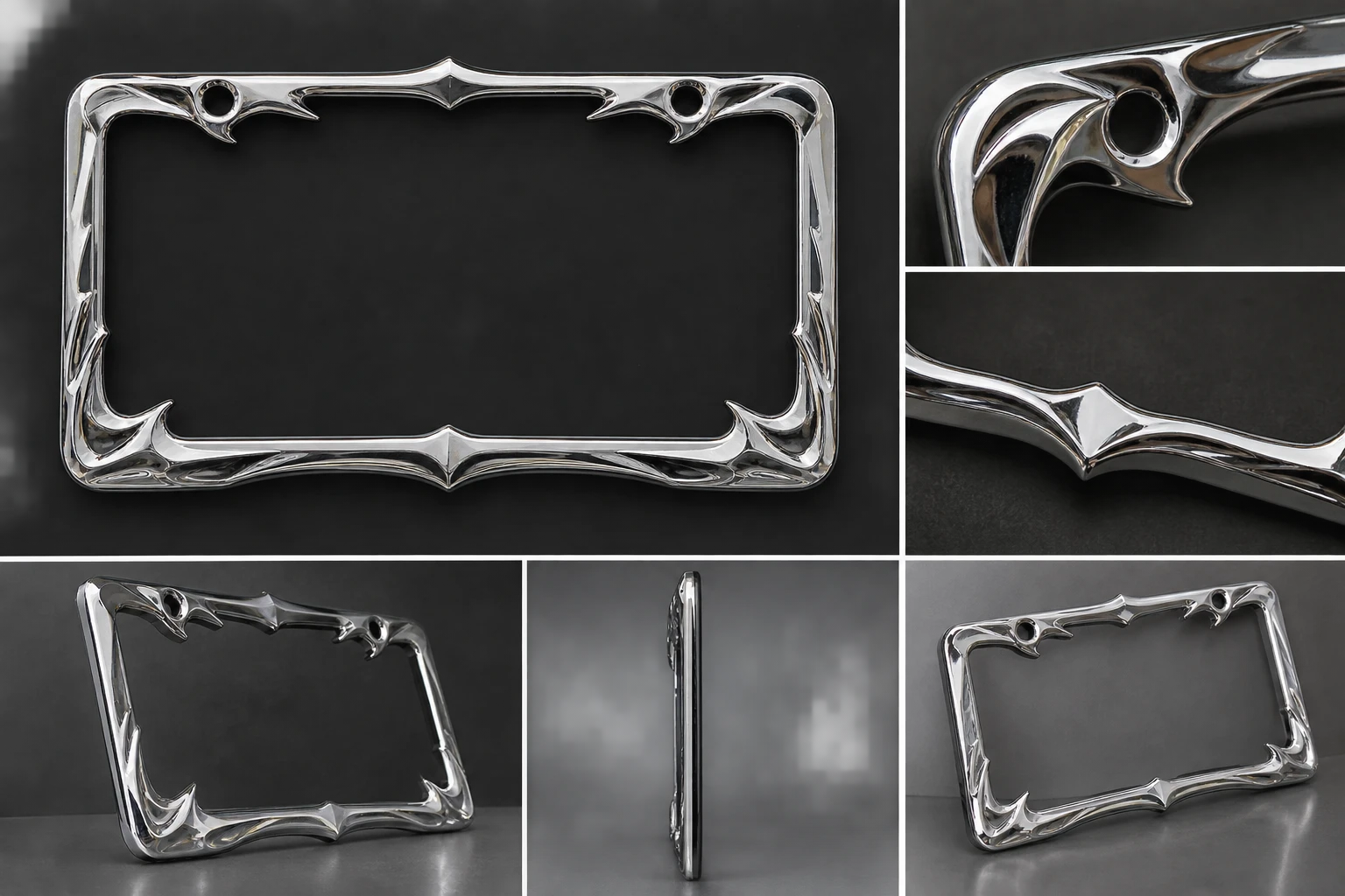 The Chrome Flame frame, a polished chrome license plate frame, sold out